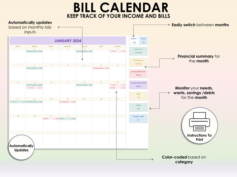 May include: A digital bill calendar for January 2024, with color-coded categories and financial summaries. The calendar automatically updates based on monthly tab inputs. It includes instructions to print and monitors needs, wants, savings, and debts.