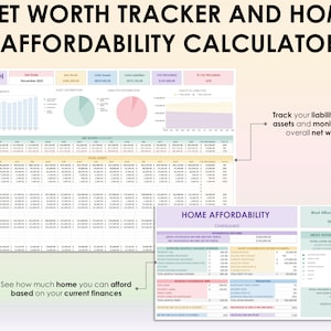 May include: A financial spreadsheet titled "Net Worth Tracker and Home Affordability Calculator." The document includes charts and tables for tracking net worth, asset distribution, and home affordability. Text on the image reads: "Track your liabilities and assets and monitor your overall net worth."