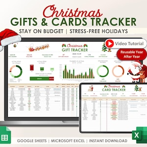Puede incluir: Un portátil y una tableta muestran un rastreador de regalos y tarjetas navideñas. El texto dice "Christmas Gifts & Cards Tracker" y "Stay on Budget | Stress-Free Holidays". La imagen incluye un gorro de Papá Noel, un botón de tutorial en vídeo y una etiqueta "Reusable Year After Year".