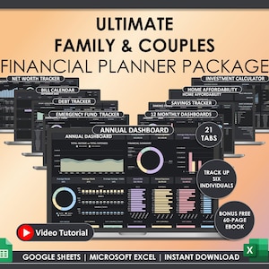 Peut inclure: Un ensemble de planification financière numérique pour familles et couples. L'image montre plusieurs écrans d'ordinateurs portables affichant des tableaux de bord financiers, notamment des outils de suivi de la valeur nette, des dettes et de l'épargne. Le pack comprend un tutoriel vidéo et un ebook de 60 pages.