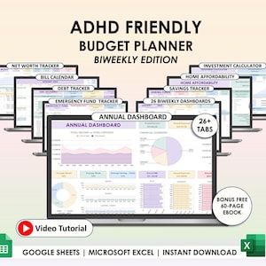 May include: An ADHD Friendly Budget Planner Biweekly Edition digital spreadsheet displayed on multiple laptop screens. The interface features an Annual Dashboard, Net Worth Tracker, Bill Calendar, Debt Tracker, and Investment Calculator with 26+ tabs.