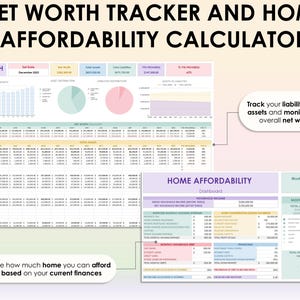 Op de afbeelding: Een kleurrijke spreadsheet-sjabloon voor het bijhouden van netto vermogen en de betaalbaarheid van een woning. De spreadsheet bevat secties voor activa, passiva, inkomsten, uitgaven en een betaalbaarheidscalculator voor een woning. De spreadsheet is ontworpen om gebruikers te helpen hun financi&euml;n bij te houden en weloverwogen beslissingen te nemen over hun financi&euml;le toekomst.