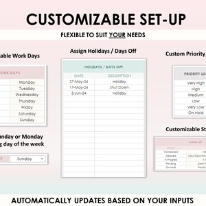 May include: A customizable project management template with sections for work days, holidays, priority settings, and status lists. The template includes checkboxes, drop-down menus, and text fields for inputting information. The text "AUTOMATICALLY UPDATES BASED ON YOUR INPUTS" is displayed at the bottom of the template.