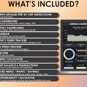 Puede incluir: Una herramienta digital de planificaci&oacute;n financiera que se muestra en la pantalla de una computadora port&aacute;til. La imagen incluye una lista de caracter&iacute;sticas: instrucciones de configuraci&oacute;n, paneles anuales y mensuales, calendario de facturas, rastreador de fondos de emergencia, rastreador de deudas y calculadora de inversiones.