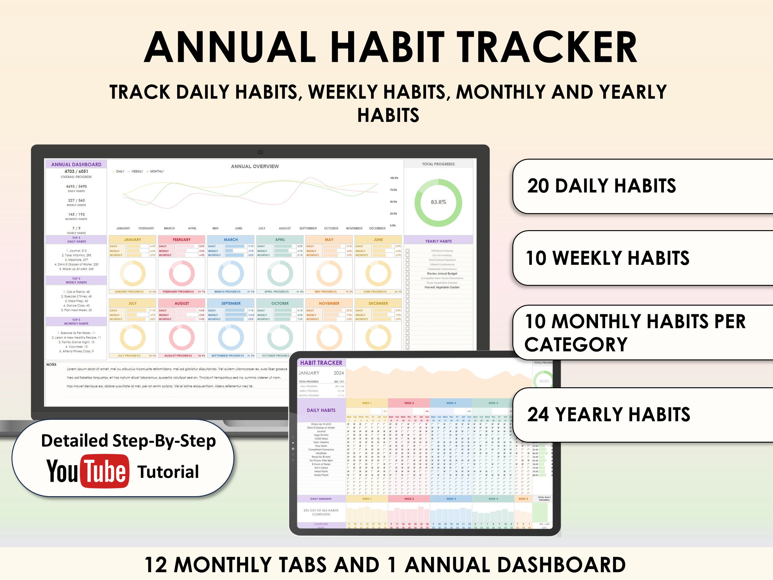 Yearly Habit Tracker Google Sheets Excel Spreadsheet Template Annual ...