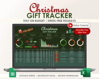 Christmas Gift Tracker, Holiday Planner Spreadsheet, Budget Organizer, Card List, Google Sheets, Excel Template, Dark Mode