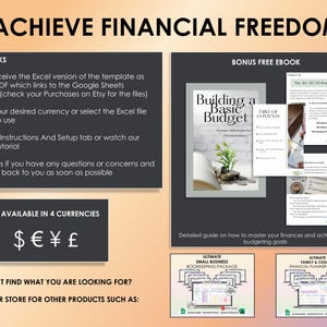 Puede incluir: Un anuncio de recursos de planificaci&oacute;n financiera. La imagen incluye el texto &laquo;ACHIEVE FINANCIAL FREEDOM&raquo; y detalles sobre c&oacute;mo funcionan los recursos. Tambi&eacute;n presenta un &laquo;BONUS FREE EBOOK&raquo; e informaci&oacute;n sobre las divisas disponibles, incluido el d&oacute;lar, el euro, el yen y la libra.