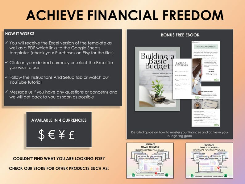 Puede incluir: Un anuncio de recursos de planificaci&oacute;n financiera. La imagen incluye el texto &laquo;ACHIEVE FINANCIAL FREEDOM&raquo; y detalles sobre c&oacute;mo funcionan los recursos. Tambi&eacute;n presenta un &laquo;BONUS FREE EBOOK&raquo; e informaci&oacute;n sobre las divisas disponibles, incluido el d&oacute;lar, el euro, el yen y la libra.