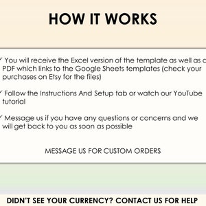 Op de afbeelding: Hoe het werkt: Een checklist met stappen voor het gebruik van een sjabloon. Je ontvangt een Excel-versie en een PDF met links naar Google Sheets-sjablonen. Volg de instructies en het tabblad Instellingen of bekijk de YouTube-tutorial. Neem contact met ons op als je vragen of zorgen hebt. Neem contact met ons op voor aangepaste bestellingen. Heb je je valuta niet gevonden? Neem contact met ons op voor hulp.