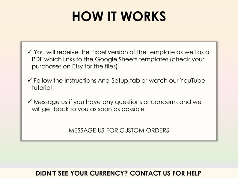 Op de afbeelding: Hoe het werkt: Een checklist met stappen voor het gebruik van een sjabloon. Je ontvangt een Excel-versie en een PDF met links naar Google Sheets-sjablonen. Volg de instructies en het tabblad Instellingen of bekijk de YouTube-tutorial. Neem contact met ons op als je vragen of zorgen hebt. Neem contact met ons op voor aangepaste bestellingen. Heb je je valuta niet gevonden? Neem contact met ons op voor hulp.