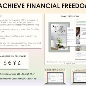 K&ouml;nnte beinhalten: Eine digitale Produktliste f&uuml;r eine Finanzbudgetvorlage. Das Bild zeigt eine farbenfrohe Grafik mit dem Text "Finanzielle Freiheit erreichen" und eine Beschreibung der Produktmerkmale. Das Produkt ist in vier W&auml;hrungen erh&auml;ltlich: US-Dollar, Euro, Yen und Britisches Pfund. Das Bild enth&auml;lt auch ein kostenloses Bonus-E-Book mit dem Titel "Ein Basisbudget erstellen".