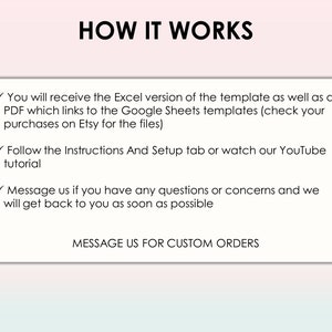 May include: A white background with black text explaining how to use a template. The text says "You will receive the Excel version of the template as well as a PDF which links to the Google Sheets templates (check your purchases on Etsy for the files). Follow the Instructions And Setup tab or watch our YouTube tutorial. Message us if you have any questions or concerns and we will get back to you as soon as possible. MESSAGE US FOR CUSTOM ORDERS."