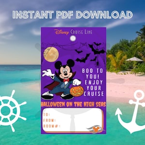 May include: A purple Halloween-themed Disney Cruise Line tag with Mickey Mouse dressed as a vampire, holding a jack-o'-lantern. The tag includes the text "BOO TO YOU! ENJOY YOUR CRUISE" and "HALLOWEEN ON THE HIGH SEAS."