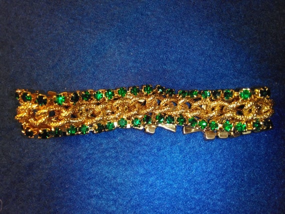 Vintage Signed KRAMER Faux Green Emeralds Gold To… - image 6