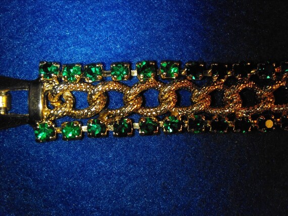 Vintage Signed KRAMER Faux Green Emeralds Gold To… - image 3