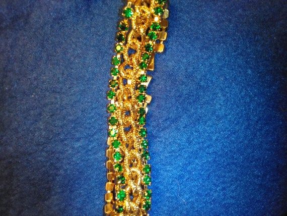 Vintage Signed KRAMER Faux Green Emeralds Gold To… - image 1