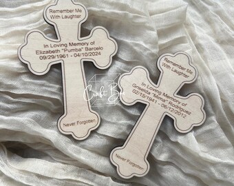 Personalized Wooden Cross Memorial Magnet: Engraved Funeral Favors