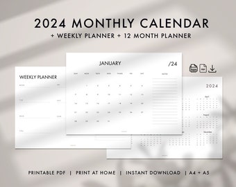 2024 Monthly Planner Minimalist Portrait, 2024 Minimal Black and White ...