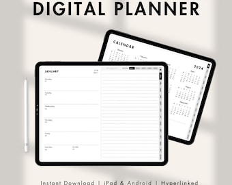 May include: A digital planner app on a tablet screen. The app features a calendar view with a monthly overview and a weekly view with a daily planner. The app is designed with a simple and minimal aesthetic. The text on the screen reads "JANUARY" and "CALENDAR".