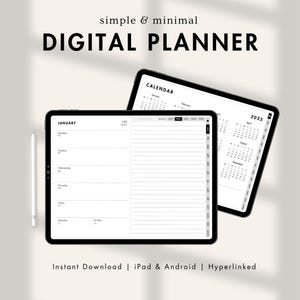 Peut inclure: Une interface d'application de planificateur numérique avec une vue du calendrier et une vue du planificateur hebdomadaire. L'application est conçue avec une esthétique simple et minimaliste. Le texte à l'écran indique "CALENDAR", "JANUARY", "WEEK", "2025", et "Téléchargement instantané | iPad & Android | Hyperliens".
