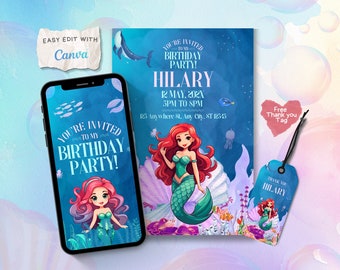Mermaid invitation Editable, Birthday Party Invites Printable template Evite Digital Download CANVA