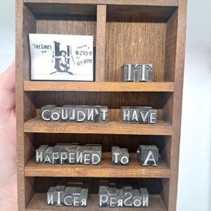 May include: A wooden shelf unit with five shelves, each containing individual letter blocks. The top shelf has a small card with the text "THE LIKES OF CREATE A WORLD OF SUN SHINE". The second shelf has the letter blocks "IT". The third shelf has the letter blocks "COULDN'T HAVE". The fourth shelf has the letter blocks "HAPPENED TO A". The bottom shelf has the letter blocks "ИТСЕЯ РЕЯГой".