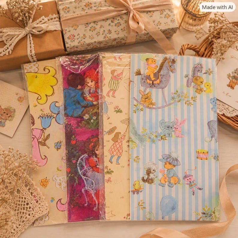 May include: Four rectangular sheets of decorative paper featuring vintage-style illustrations of children, animals, and toys. The designs include floral patterns, a rocking horse, a blue striped background, and colorful cartoon characters.