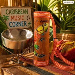 May include: A cylindrical wooden percussion instrument with a painted iguana and the text ST. MAARTIN, featuring an orange woven strap. Beside it sits a silver metal steel pan on a tripod stand with a small wooden mallet on a striped fabric surface.