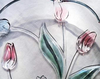 Mikasa Tivoli 12” Glass Plate | Embossed Tulip Floral Serving Dish | Scalloped Clear Glass Decor | Vintage Mikasa Tableware | Spring Accent