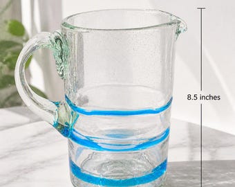 Hand‑Blown Glass Pitcher | Mexican Glass Blue Band Artisan Water Jug | Vintage‑Style Kitchen Serveware | Clear Bubble Glass