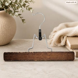 May include: A wooden skirt hanger featuring a dark brown, distressed finish on the horizontal bar. The hanger includes a silver-toned metal hook and a central black plastic mechanism that connects the hook to the wooden bar.