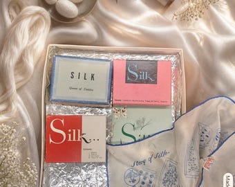 Vintage Silk Scarf History of Silk Educational Set | Story of Silk Booklets and Hand Rolled Silk Scarf | Collector’s Textile Display