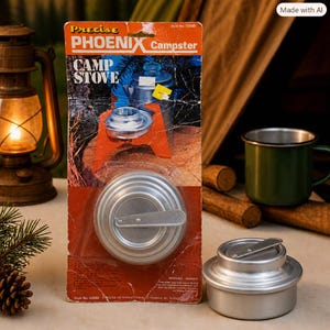 May include: A Precise Phoenix Campster camp stove in its original orange and white cardboard packaging. The packaging features the text 'Precise PHOENIX Campster CAMP STOVE' and 'Style No. 53588'. A silver metal circular stove burner is included.