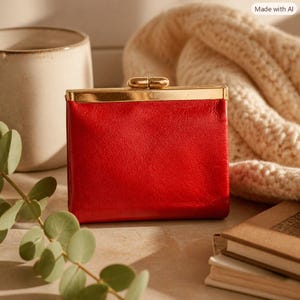 May include: A rectangular red leather wallet featuring a smooth, polished finish and a gold-toned metal kiss-lock clasp closure at the top. The wallet has a structured, compact design with clean, straight edges and a vibrant, solid red color.