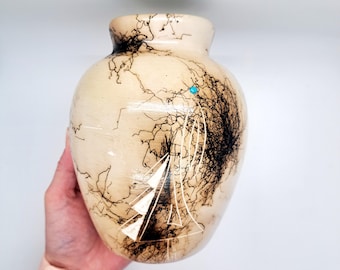 Horsehair Navajo Pottery Vase | Handcrafted Raku‑Style Ceramic | Turquoise Accent Art Vessel | Decorative Southwestern Home Décor