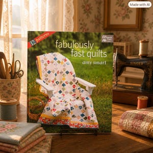 May include: A book titled Fabulously Fast Quilts by Amy Smart featuring a cover image of a white quilt with colourful square patterns draped over a white chair. The book cover includes the text 12 patterns and the That Patchwork Place logo.