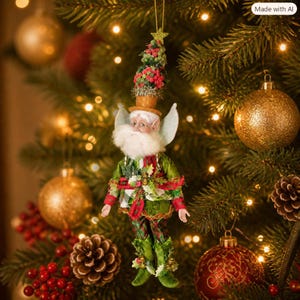 May include: A hanging Christmas ornament featuring a whimsical elf figure with a white beard, pointed ears, and a green outfit with red accents. The elf wears a tall hat topped with a miniature tree and is decorated with holly and berry details.