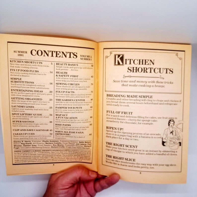 May include: Open magazine pages with the title "Kitchen Shortcuts" and "Contents" for Summer 1991. The pages feature articles on cooking tips, beauty, health, sewing, and home improvement. The magazine is held open by a hand.
