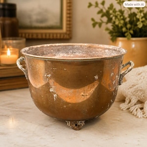 May include: A round, weathered copper bowl featuring a wide rim, two small side handles, and three short feet. The metal surface displays a warm, metallic brown tone with visible signs of oxidation, patina, and light wear throughout the exterior.