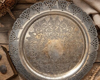 Home Decorator’s Inc. Silver‑Plated 13‑Inch Ornate Engraved Tray | Rustic Farmhouse Decor | Antique Collectible Display