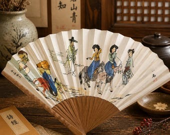 Traditional Korean Folding Fan | Cultural Art | 10‑Inch Wood and Paper Fan | Decorative Asian Wall Accent | Authentic Hanbok Scene Design
