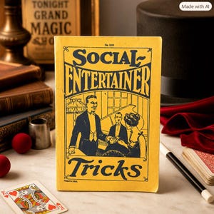 May include: A yellow book titled Social Entertainer Tricks with a black ink illustration of a person in a tuxedo performing a card trick for an audience. The cover features the text No. 1153 and Printed in U.S.A. in a vintage graphic style.