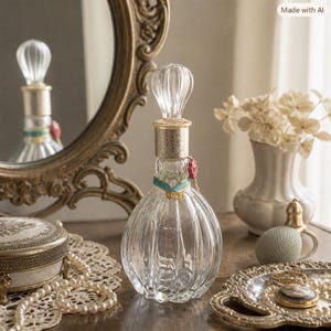 May include: A clear glass decanter with a ribbed, rounded body and a matching balloon-shaped stopper. The neck features a metallic gold collar, a thin teal ribbon, and a small red wax seal accent. The glass is transparent with vertical fluting.