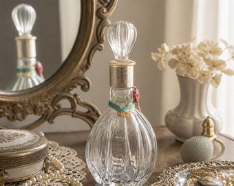 Vintage 4711 Blue & Gold Double Eau de Cologne Bottle | Ornate Glass Perfume Decanter | Soft Neutral Vanity Decor | Elegant Dressing Table