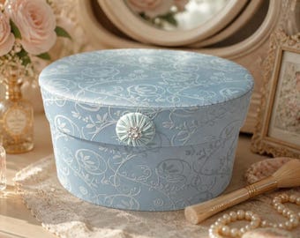Nordstrom Decorative Keepsake Hat Box | Blue Floral Vanity Storage Case | Elegant Oval Gift Box with Rosette Accent | Feminine Cottagecore