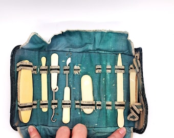 Antique Celluloid Manicure Set in Fabric Case – Early 1900s Grooming Kit