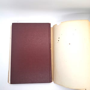 Puede incluir: Un libro abierto con una cubierta burdeos y p&aacute;ginas envejecidas de color blanquecino. La cubierta es s&oacute;lida y lisa, mientras que las p&aacute;ginas muestran signos de edad con peque&ntilde;as manchas y un borde ligeramente rasgado. El libro est&aacute; sobre un fondo blanco.