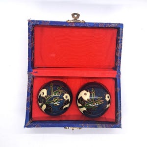 Vintage Panda Baoding Balls: Chinese Health Stress Balls with Brocade Box