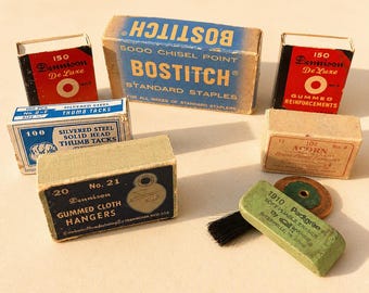 Vintage Office Supply Collection | Retro Display Boxes | Mid‑Century Desk Decor | Colorful Packaging Display | Collectible Paper Goods