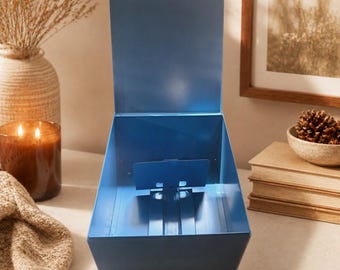 Vintage Blue Metal Storage Box | Industrial Organizer | Durable Steel Container | Retro Utility Box with Sliding Divider | 10"x12"x7.5"